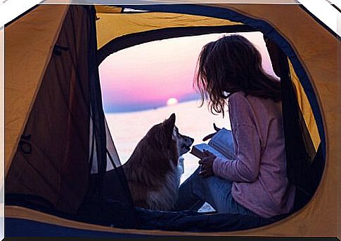 girl camping with dog